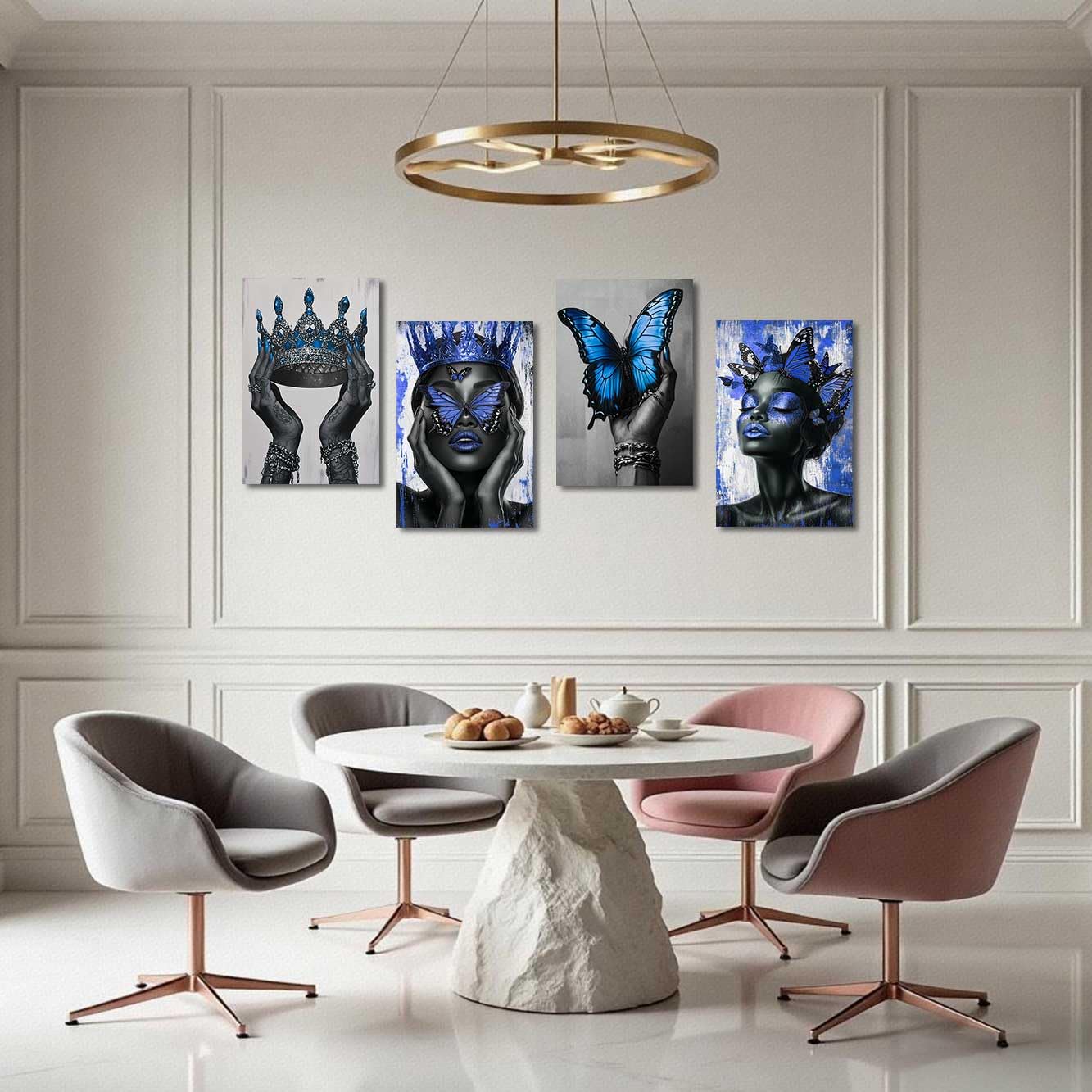 BJYCHG 4Pcs African American Canvas Wall Art Black Woman with Butterfly Painting Prints Black Queen Crown Poster Inspirational Pictures Fashion Girl Bedroom Room Decor (Blue, (8x12inx4 Pieces))