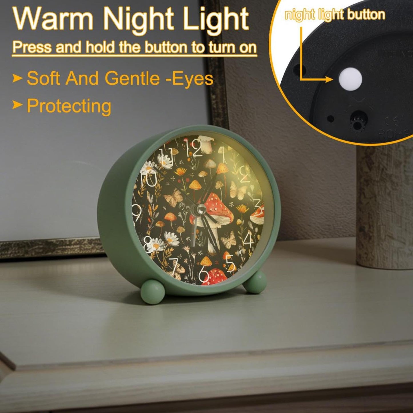 IROLSKDNFH 4.3" Decorative No Ticking Analog Alarm Clock, Battery Operated Desk Clock with Light, Easy to Set, for Bedroom, Kids, Seniors, Aesthetic Mushroom Butterflies and Flowers