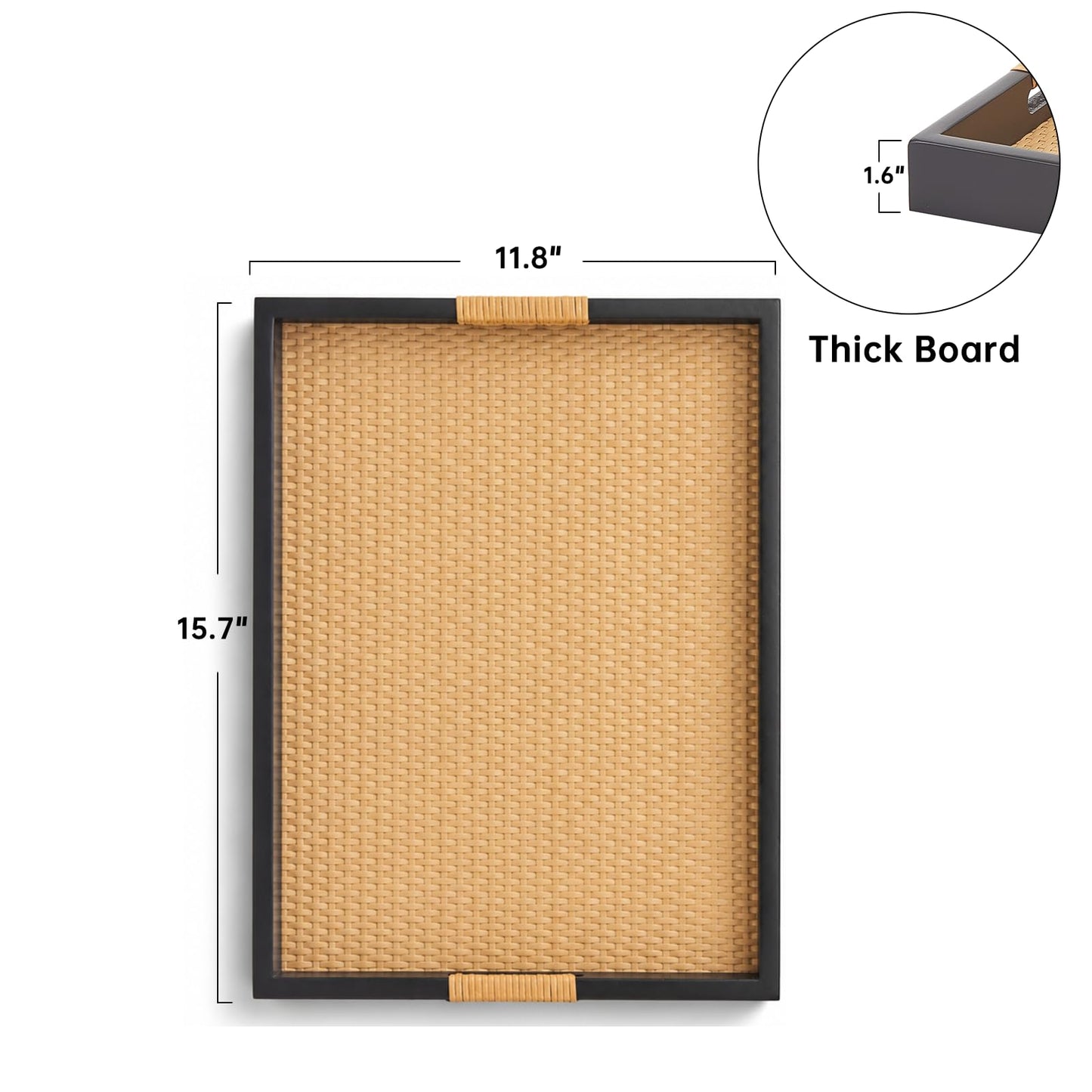 HuiDao Decorative Tray, Serving Tray with Handles, Solid Wood and Faux Rattan Woven Serving Tray, Rustic Rectangle Ottoman Tray for Coffee Table, Ottoman, Dining Serving & Home Decoration