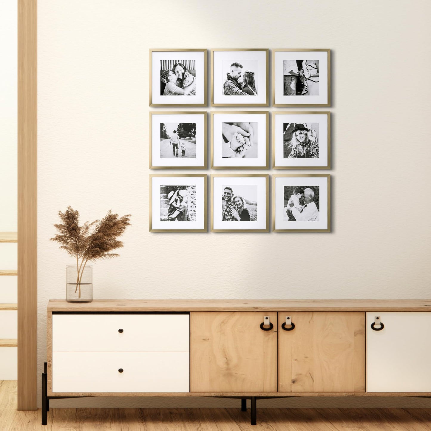 ArtbyHannah Square Gold Picture Frame, Wood Gallery Wall Frame Set Display Pictures 8x8 inch with Mat or 10x10 inch Without Mat, Wall Photo Collage Frame for Living Room Staircase Decoration (9 Pack)