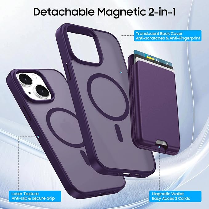 Ntwinro Magnetic for iPhone 15 Case (Compatible with MagSafe) with Detachable Wallet & Card Holder for 3 Cards [RFID Blocking] Military Grade Protective Slim Phone Cover, Purple
