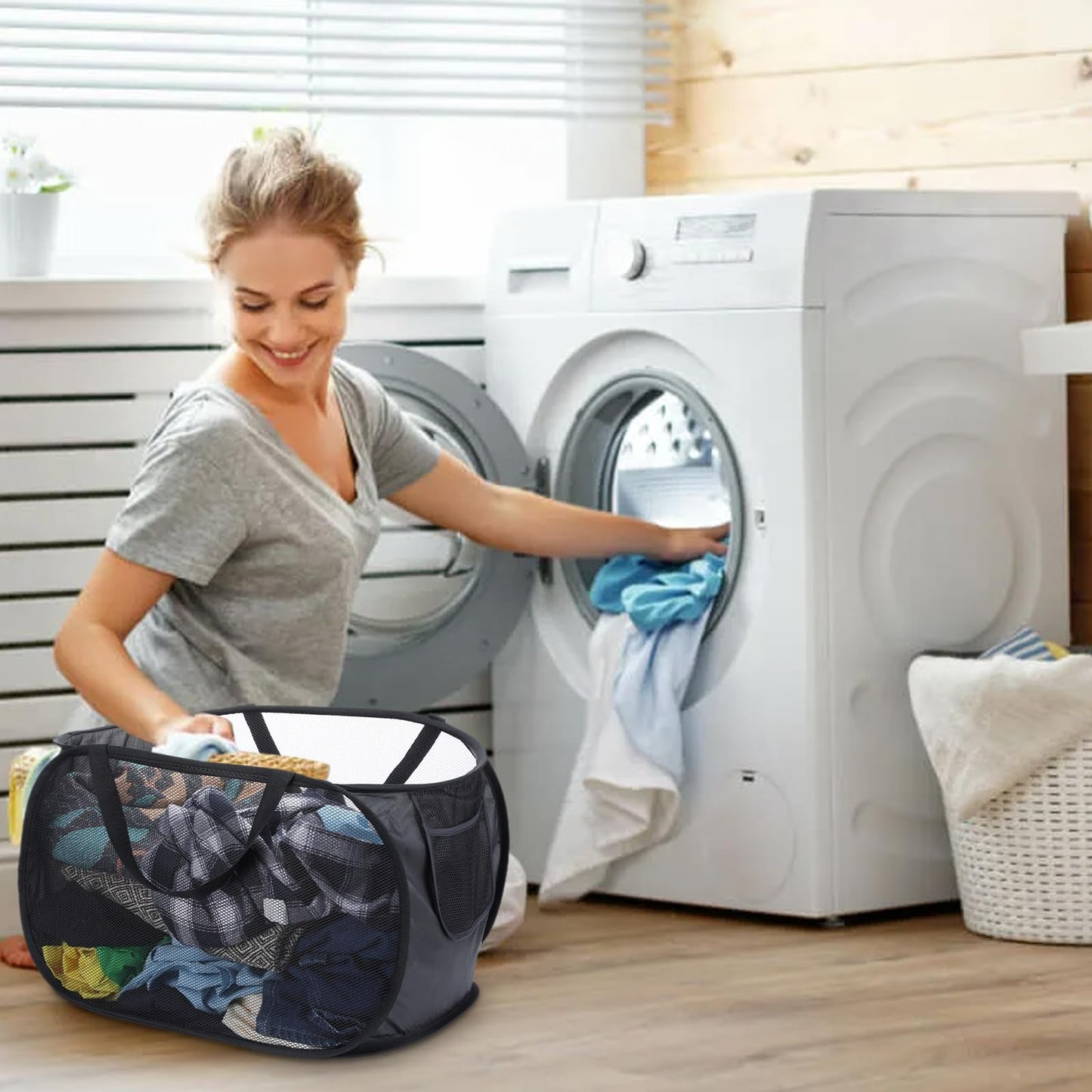 HJZHII 4 Pcs Popup Mesh Laundry Basket, Laundry Hamper with Side Pocket Foldable Storage Basket with Durable Handles for Bathroom Travel Dorm