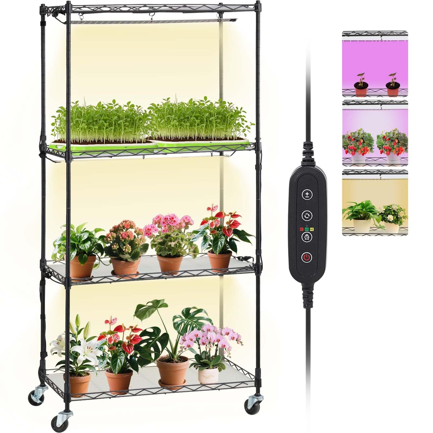 VEVOR Plant Stand with Grow Light, 4-Tier Plant Shelfwith 45W Full Spectrum LED, 3 Mode Plant Light with Timer and Wheel for Seed Starting, Metal Plant Rack for Indoor Plants