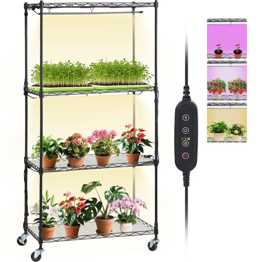 VEVOR Plant Stand with Grow Light, 4-Tier Plant Shelfwith 45W Full Spectrum LED, 3 Mode Plant Light with Timer and Wheel for Seed Starting, Metal Plant Rack for Indoor Plants