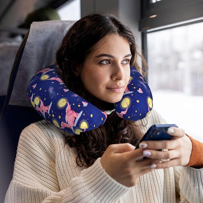 Comfortable Travel Pillow for Pain Relief Sleeping, Memory Foam Airplane Car Neck Pain Pillows Full Moon Rose Elephants, Funny Chin Head Support Cushion