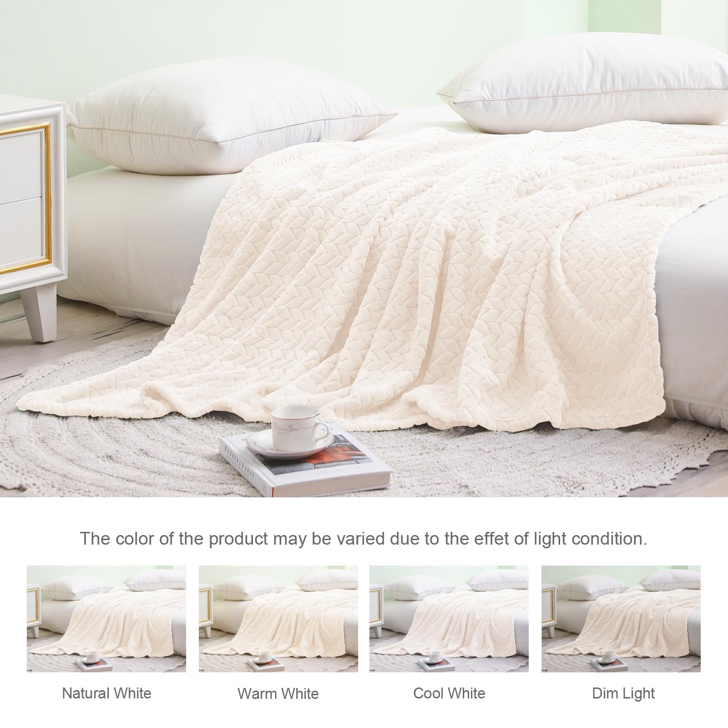 Exclusivo Mezcla Fleece Queen Size Blanket for Bed, 90x90 Inches Soft Cozy Jacquard Flannel Blankets, Lightweight Fuzzy Plush for Women, Off White