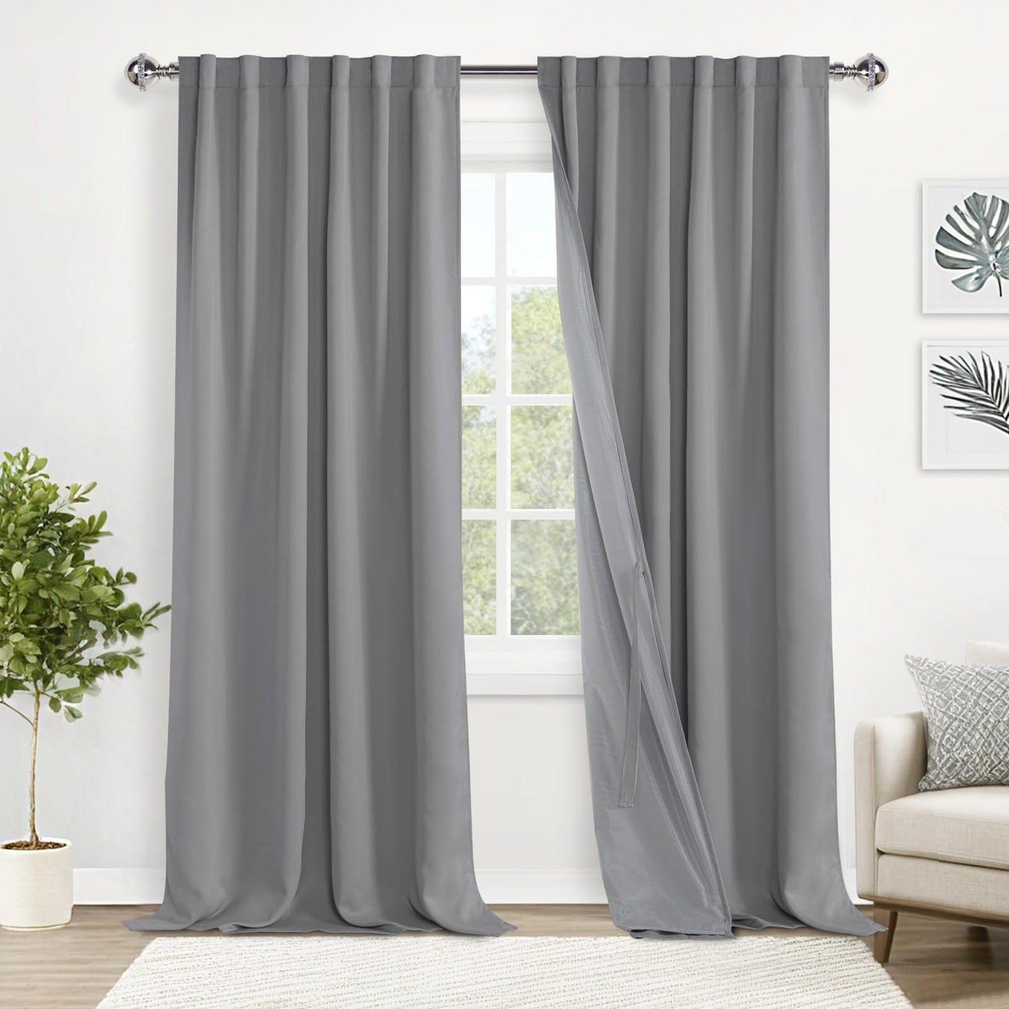 XWZO 100% Blackout Curtains with Tiebacks- Heat and Light Blocking Rod Pocket & Back Tab Window Drapes with Black Liner Backing for Bedroom/Kid's Room, Light Grey, W52 x L108, Set of 2 Panels