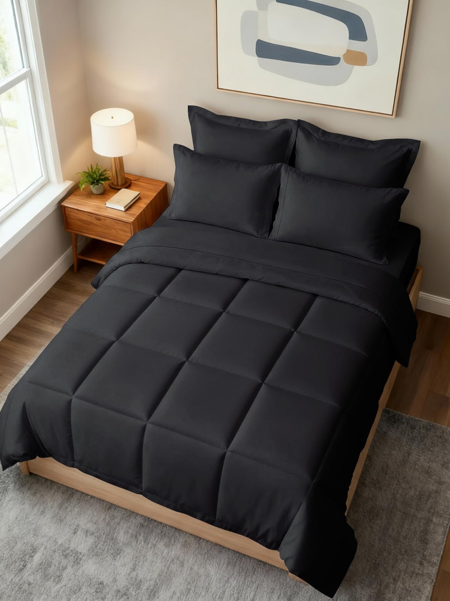 Full Comforter Set Black - Bed in a Bag Queen Size 7 Pieces - Down Alternative Duvet Insert - Soft, Lightweight Comforter Bedding Set with Flat Sheet, Fitted Sheet, Pillowcases & Shams for All Seasons
