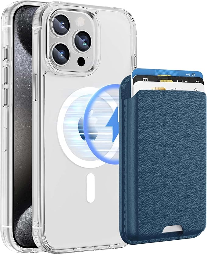 Ntwinro Magnetic for iPhone 15 Pro Max Clear Case (Compatible with MagSafe) with Blue Detachable Wallet & Card Holder for 3 Cards [RFID Blocking] Military Grade Protective Slim Phone Cover