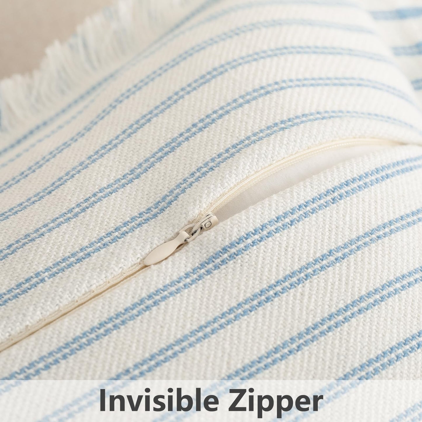 ZWJD Throw Pillow Covers 24x24 Set of 2 Striped Pillow Covers with Fringe Chic Cotton Decorative Pillows Square Cushion Covers for Sofa Couch Bed Living Room Farmhouse Decor (Light Blue)