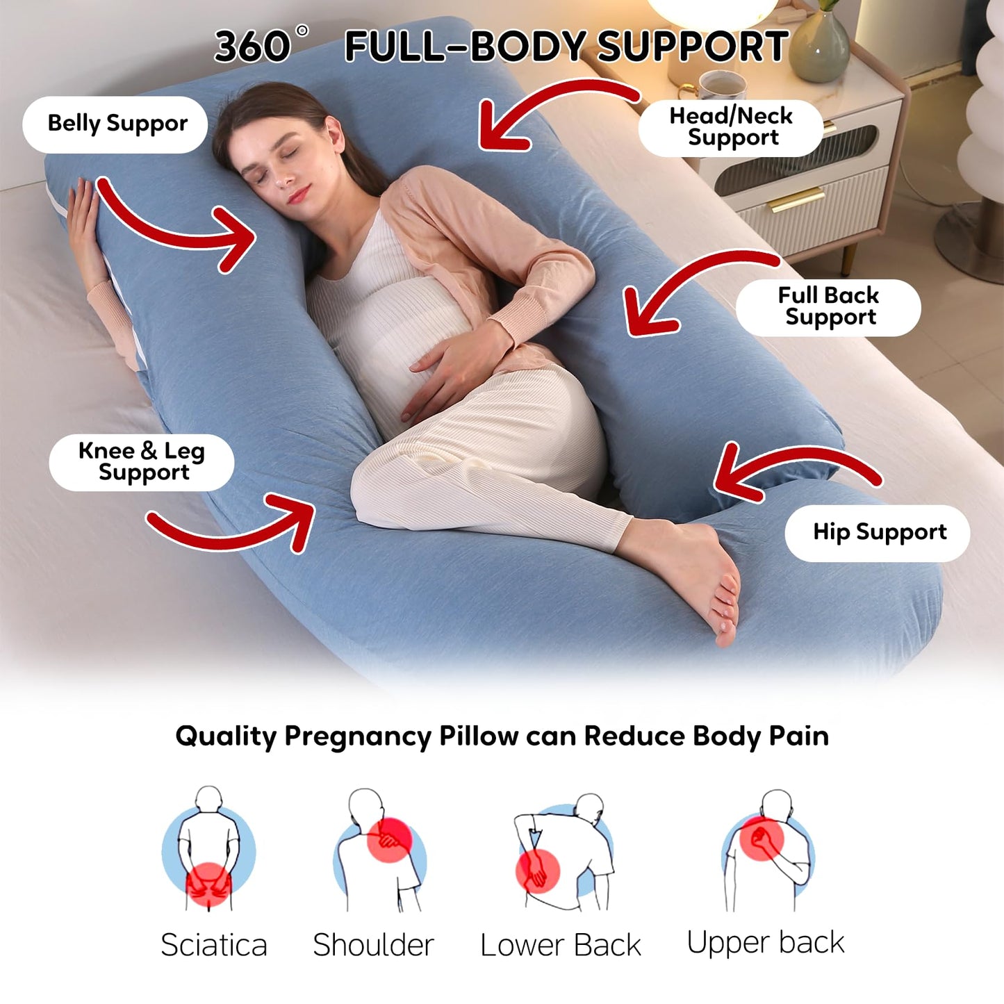 U-Shaped Pregnancy Pillow for Sleeping, Full Body Support for Back, HIPS & Belly - 65 Inch Maternity Pillow with Machine Washable Cover | Maternity Essential