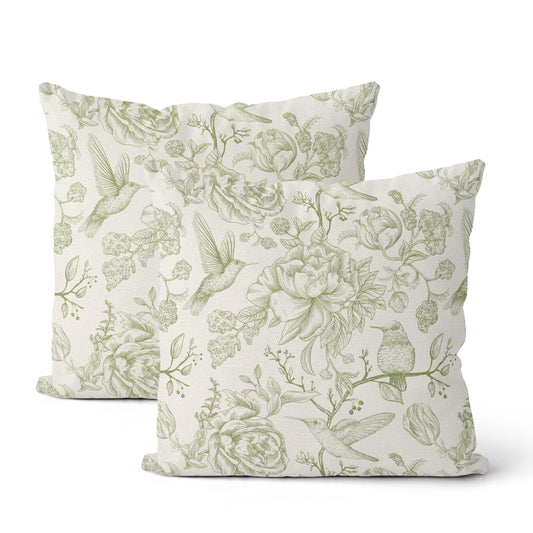 Chinoiserie Sage Green Throw Pillow Covers 18x18 Inch 2 Pcs Vintage Green Floral Bird Outdoor Decor Pillow Covers Flower Spring Seasonal Decorative Pillowcase Linen Cushion Cover for Couch Sofa