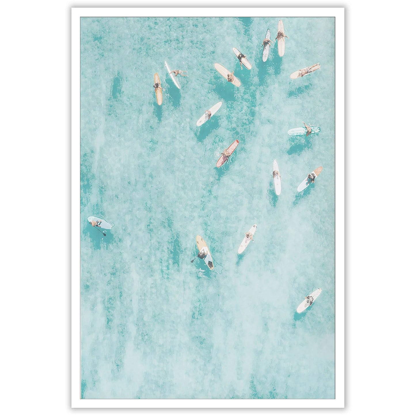Serene Ocean Art Print - Minimalist Surfers Gliding On Calm Waves, Abstract Coastal Canvas Wall Decor For Home Office & Coastal Bedroom Decor 12x16in Unframed