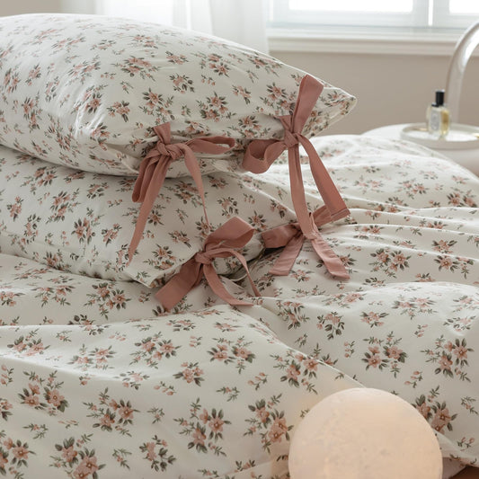 mixinni Soft Aesthetic Cotton Blush Flower Pattern 2 Piece Queen Size Bow Tie Pillow Cases 20 x 26 Inches Set of 2