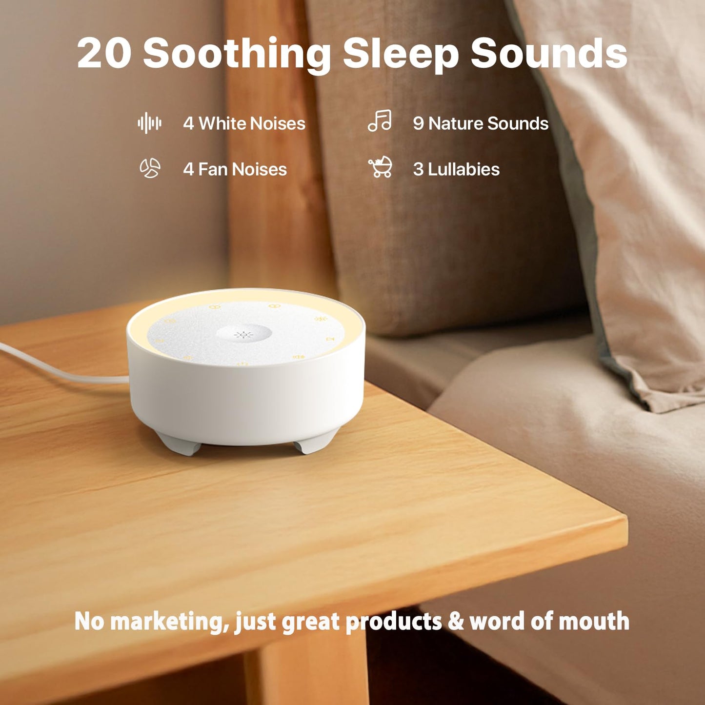 Kipcush White Noise Machine for Sleeping – High-Fidelity Non-Looping Sounds, Dimmable Night Light, USB Powered, Sleep Sound Machine for Baby, Kids & Adults (A - Model White+, Standard)