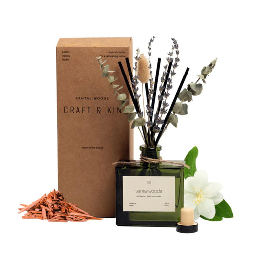 Craft & Kin Premium Santal Woods Reed Diffuser with Dried Flowers – 5 oz Essential Oil Diffuser for Home & Bathroom – Long-Lasting Fragrance Diffuser Sticks – Room Decor Air Freshener