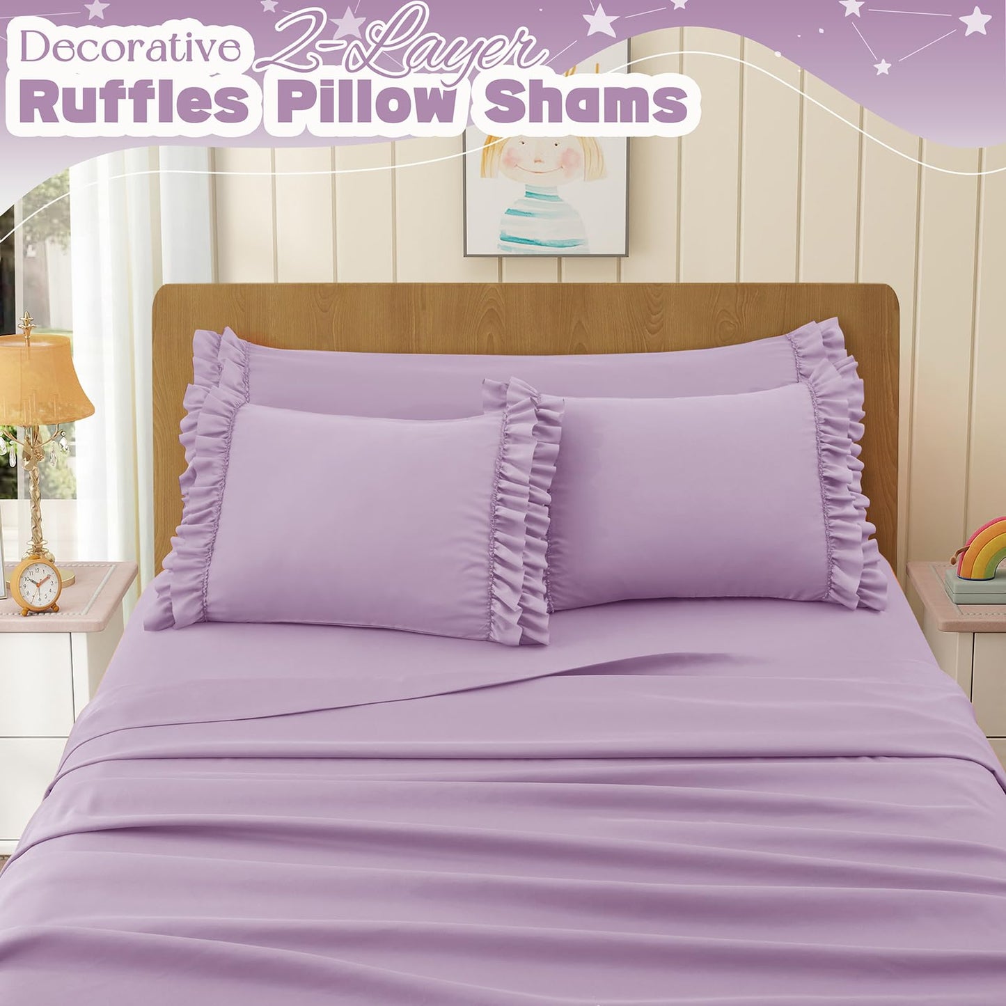 RUDONG M Ruffled Pillow Cases Set of 2, Standard Microfiber Pillowcases, Decorative Ruffle Pillow Covers with Envelope Closure, 20x26 Inches Purple Boho Pillow Shams