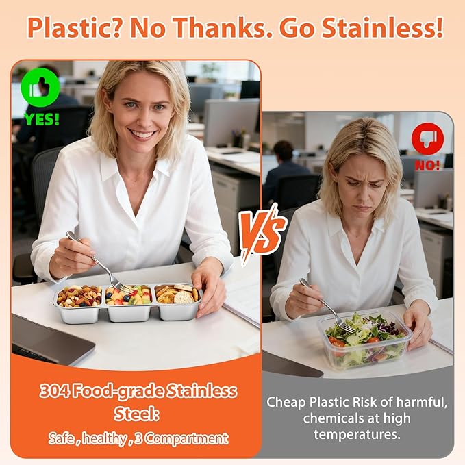 Etvski Stainless Steel Snack Box Container - 2 Pack Bento Box for Kids & Adults, 3 Compartment Leak-Proof Snack Containers with Lids（3Org+3Org）