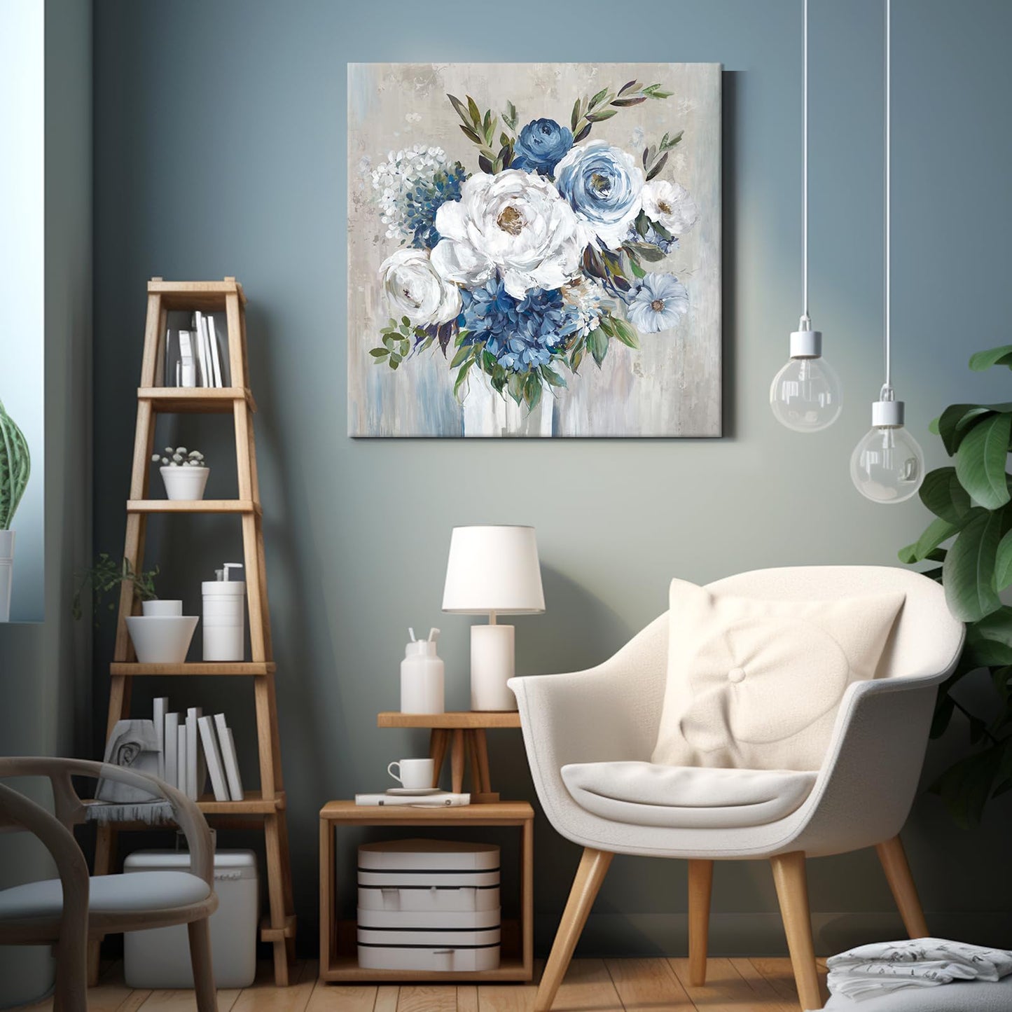 Goldfoilart Blue Flower Wall Art for Living Room White Floral Canvas Pictures Modern Paintings Framed Artwork for Bedroom Bathroom Dining Room Office Wall Decor 24" x 24"