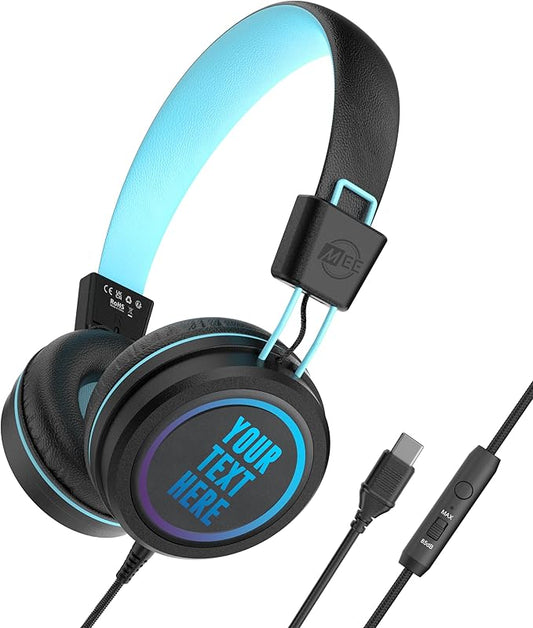 MEE audio KidJamz KJ55 Personalized USB-C Safe Listening Wired Headphones for Kids with Custom LED-Backlit Design, Volume Limiter, & Microphone for iPhone 15, iPad, & USB Type C Devices (Black)