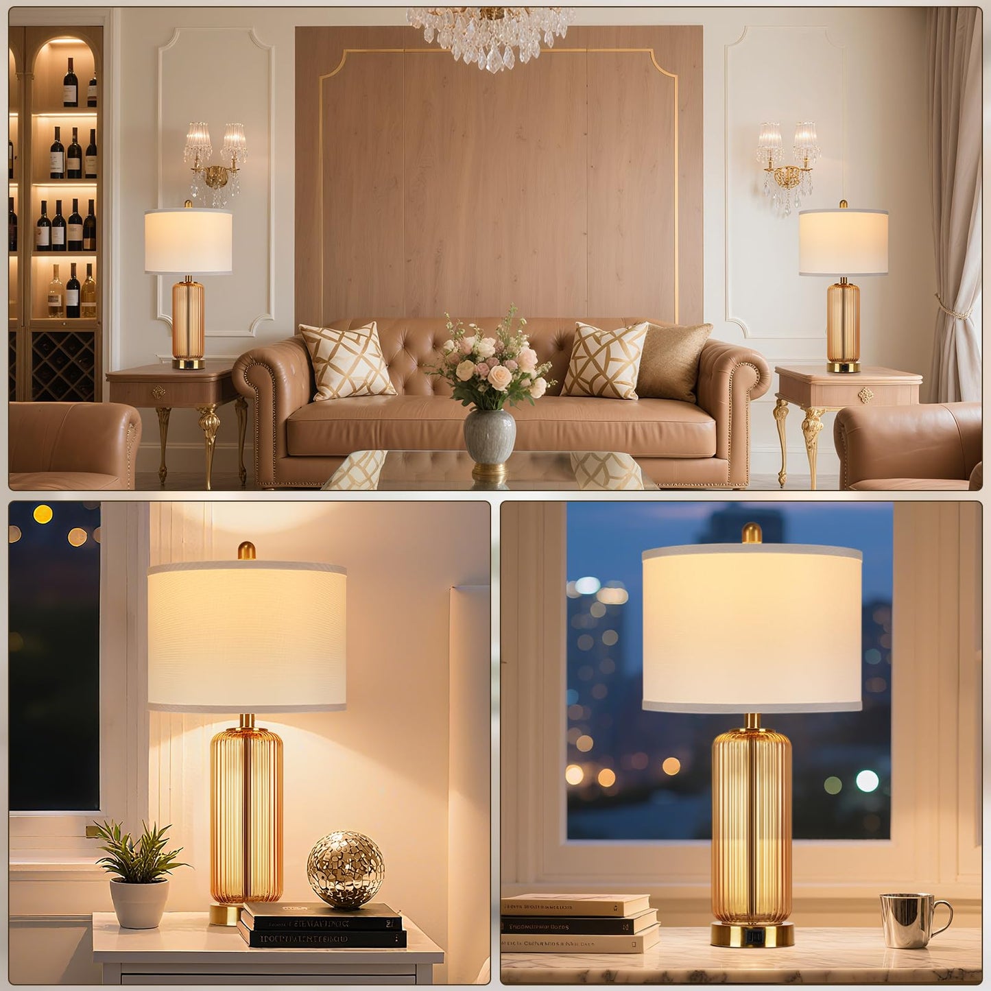 Table Lamps Set of 2 with Touch Control, 3-Way Dimmable Nightstand Lamp with Vertical Grained Glass, Bedside Table Lamps, 27" Modern Glass Bedside Lamps with USB A+C Ports, Brown Desk Lamp for Bedroom