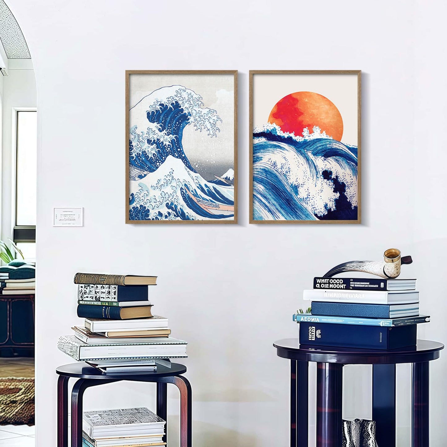 2Pcs Framed Canvas Wall Art Japanese Wave and Red Sun Poster Prints Hokusai Inspired Ocean Picture Traditional Ukiyo-e Gallery Decor Living Room Bedroom Office Apartment 16X24 Inch Ready to Hang