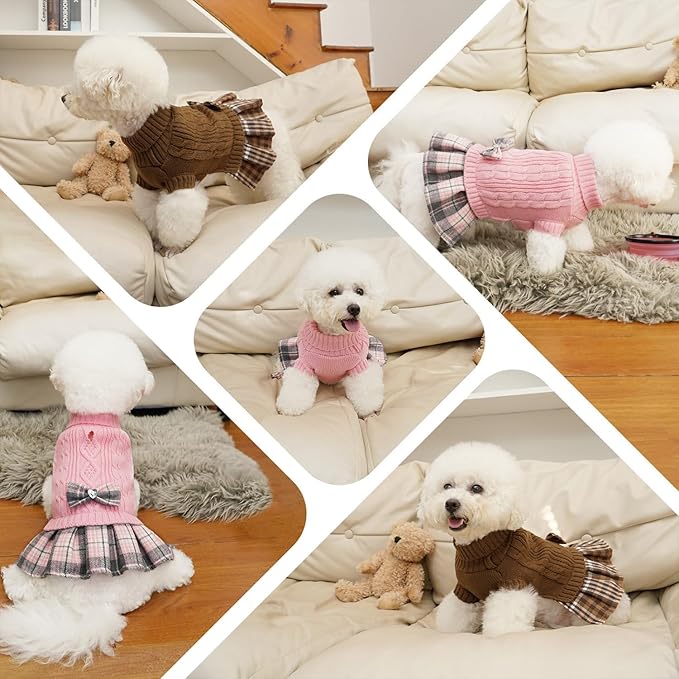 YUDODO Valentines Small Dog Sweater Dress with Bowtie Turtleneck - Knitted Pet Girl Dog Winter Clothes - Pet Warm Sweater for Puppy Yorkies, Chihuahua (L Pink)