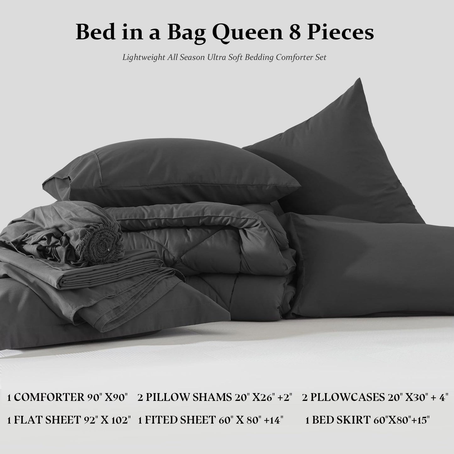 Newspin Queen Comforter Set Dark Grey - Bed in a Bag Queen Size 8 Pieces, All Season Bed Set, Fluffy Comforter Set with Sheets, Sheet Set Quilt Blanket, Pillowcases & Shams & Bed Skirt