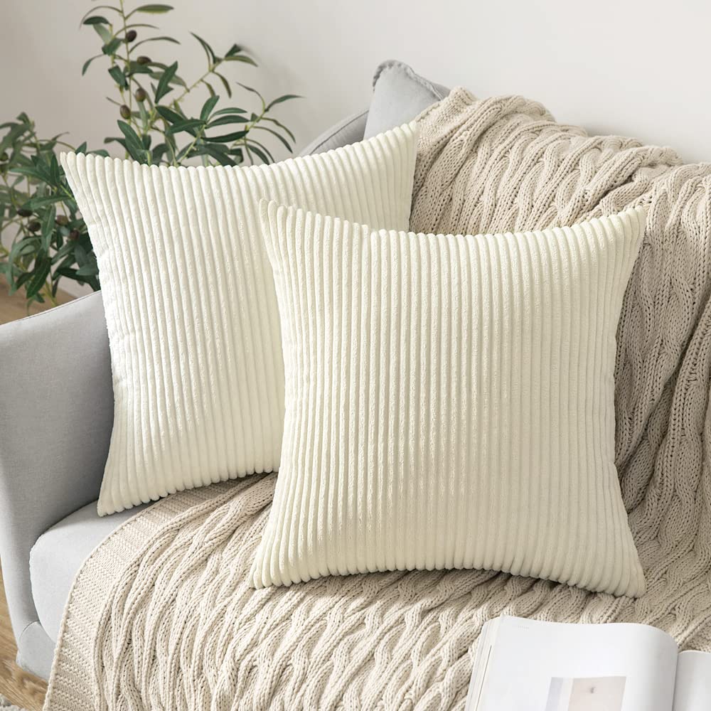 MIULEE Pack of 2, Corduroy Soft Soild Decorative Square Throw Pillow Covers Set Cushion Cases Pillowcases for Sofa Car 18 x 18 Inch Cream White Bundle Cream White Fleece Blanket 50x60 inch
