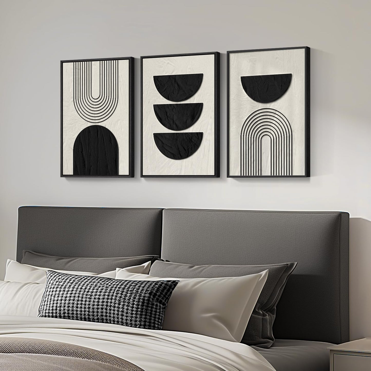 Framed Boho Black and White Abstract Wall Art, 3 Piece Modern Beige Canvas Prints Paintings Artwork for Walls, Black Geometric Pictures for Living Room Bedroom Hallway Office Wall Decor 16x24 In