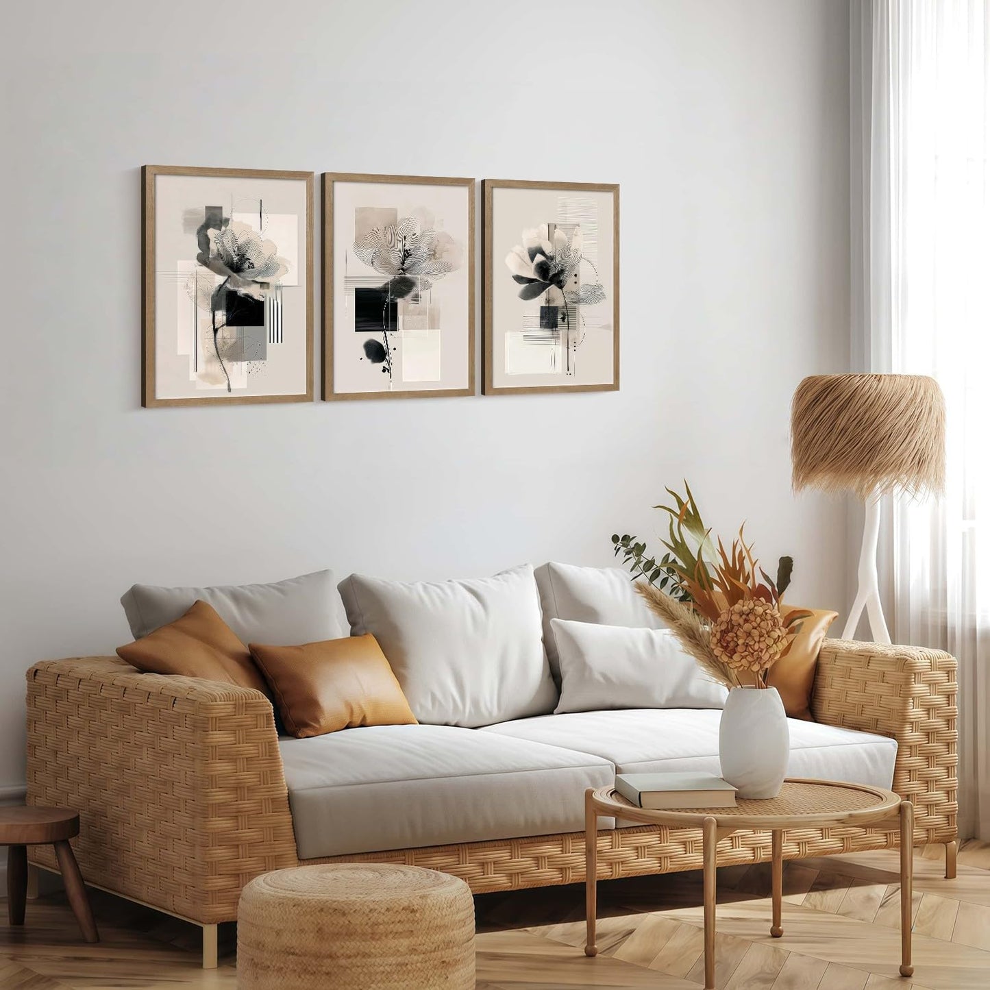 3Pcs Framed Black and White Flower Abstract Wall Art Modern Neutral Canvas Prints Posters Pictures Gallery Wall Decor Living Room Bedroom Office Apartment 12X16 Inch Ready to Hang