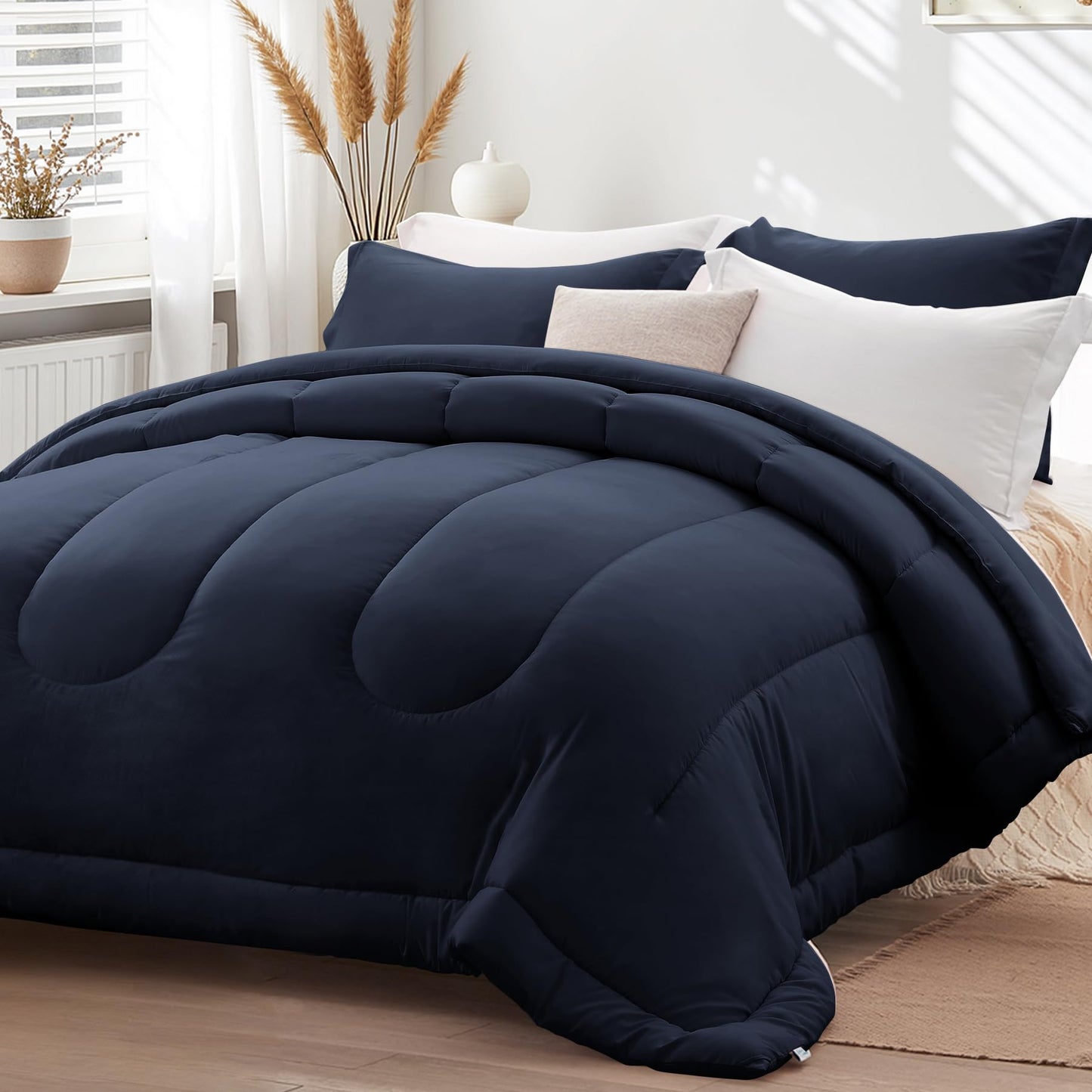 SunStyle Home Queen Comforter Set - 3 Pieces Reversible Comforters Queen Size, Lightweight Bedding Sets with 1 Down Alternative Comforter and 2 Pillow Shams for All Seasons,Navy Blue