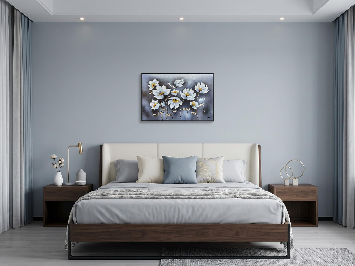Eonzeun Hand Painted Textured White Floral Oil Painting, 24x36 Inch Wood Framed Canvas Wall Art, Modern Luxury Home Decor for Living Room Bedroom