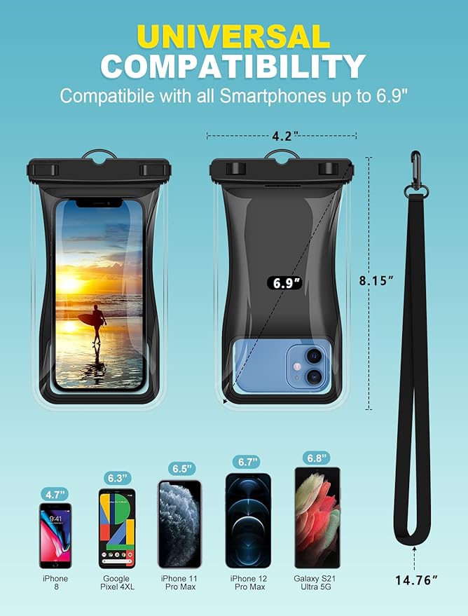 Vuwwey Waterproof Phone Pouch [2 Pack][Super Buoyant] Floating IPX8 Waterproof Phone Case Beach Cruise Ship Travel Essentials Cellphone Dry Bag for iPhone 17 16 15 14 13 12 Pro Max XS XR X Up to 6.9''