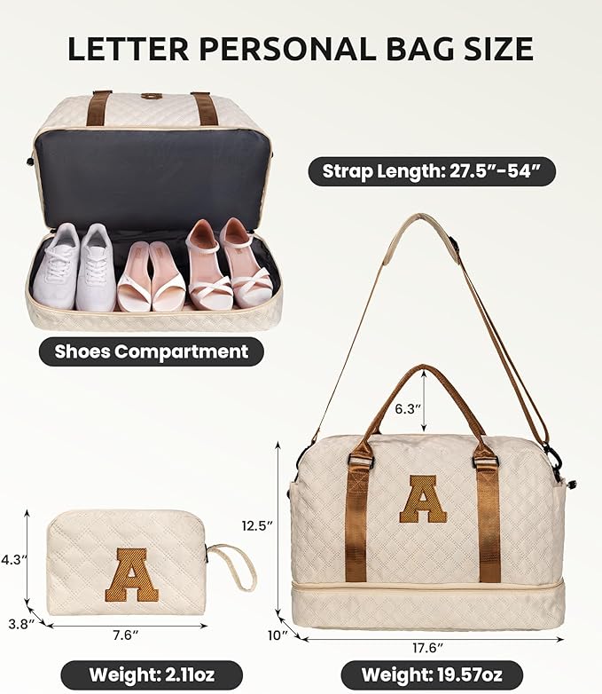 Vogewood Personalized Gifts-Initial Duffle Bag with Shoe Compartment, Personalized Weekender Bag, Monogram Overnight Bag, Letter Travel Bag with Makeup Bag，Birthday Gift for Grandma (Letter O), Beige