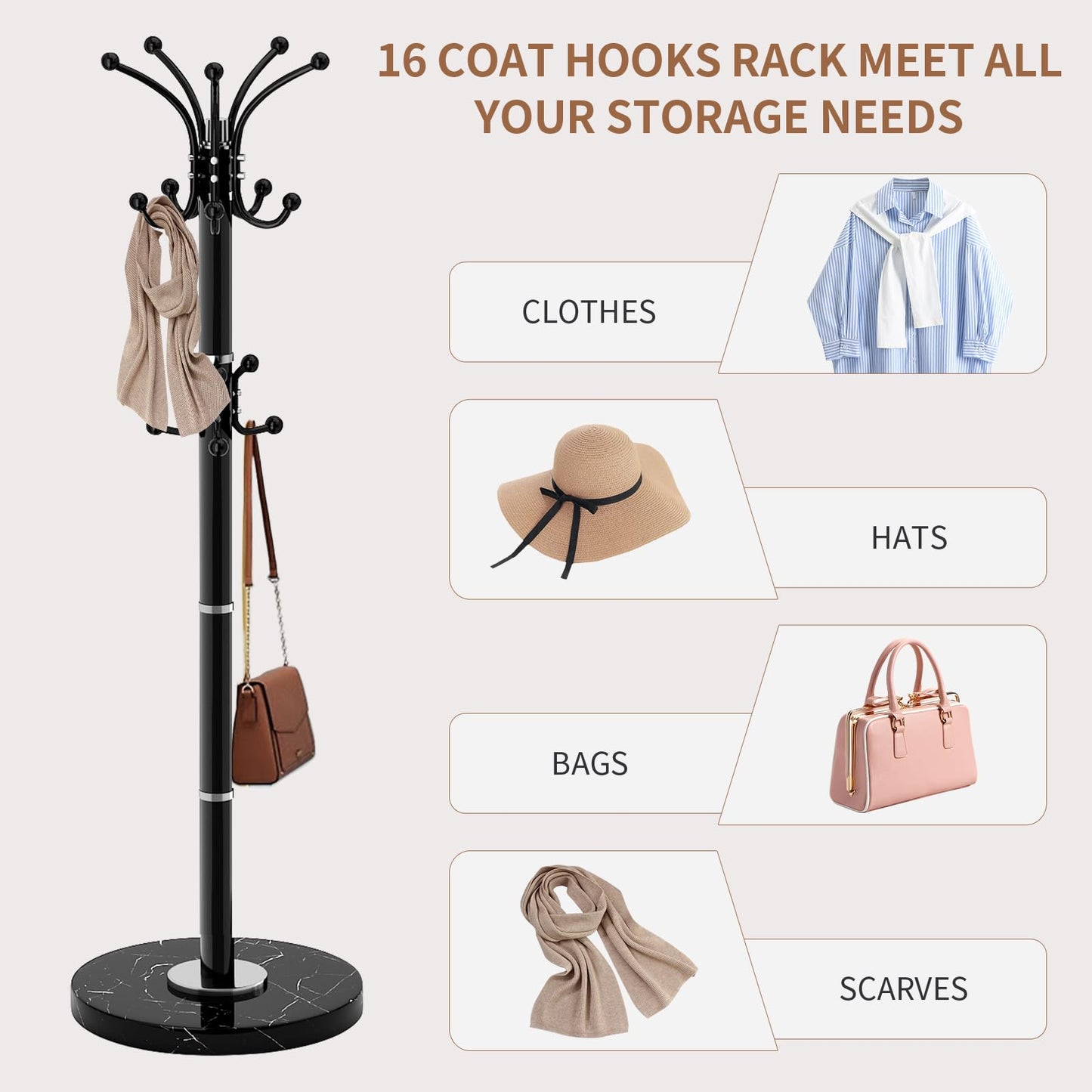 Waavryee Modern Metal Coat Rack Stand, Coat Rack Freestanding with Natural Marble Base, 360°Rotary Design Sturdy Coat Racks with 16 Hooks, White Coat Hall Tree Stand for Entryway (Black)
