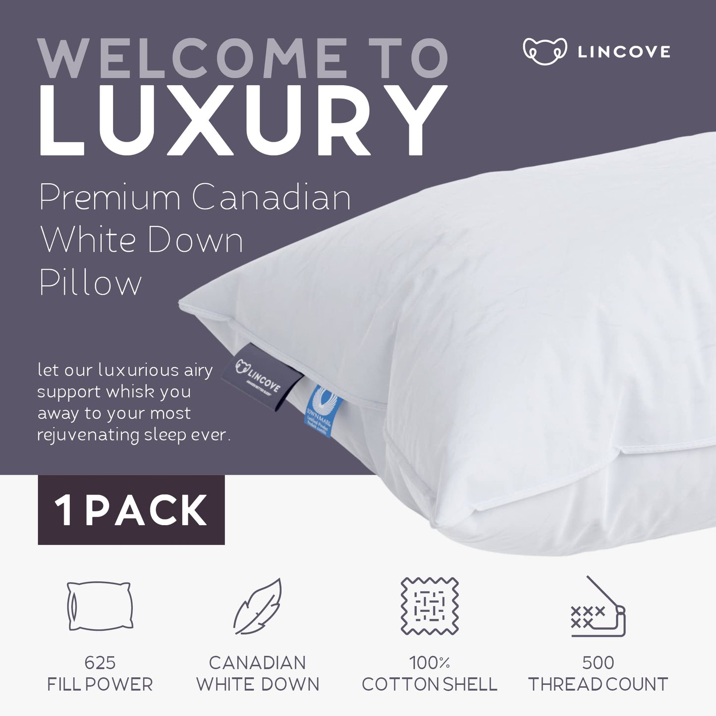 Lincove Cloud Natural Canadian Down Pillow, White Luxury Sleeping Pillow - 625 Fill Power, 100% Cotton Shell, 500 Thread Count, Made in Canada, Queen - Soft, 1 Pack