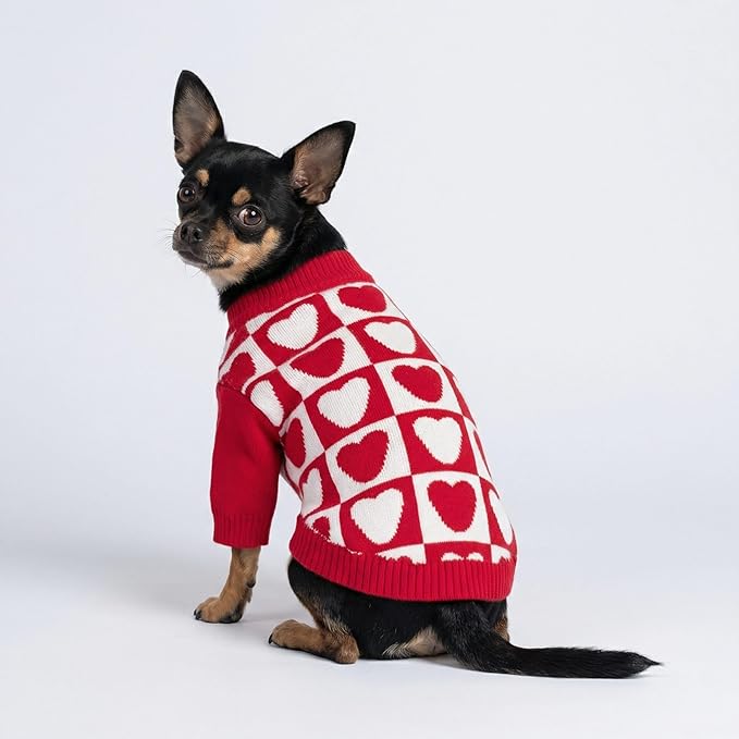 Fitwarm Checkered Heart Dog Sweater, Cozy Valentines Outfit for Small Dogs Girl, Festive Pet Clothes, Red, White, XS