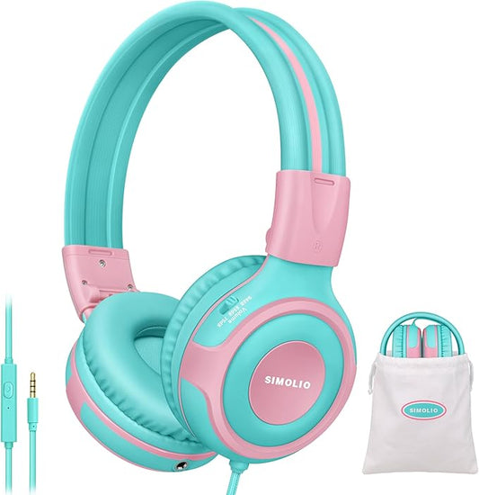 SIMOLIO Kids Headphone with Mic, 75dB,85dB,94dB Volume Limit Share Port, Child Headsets for Tablet/iPad/Kindle/Laptop, Sturdy Toddler Wired Headphones with Portable Bag for Girls, Boys (Mint & Pink)