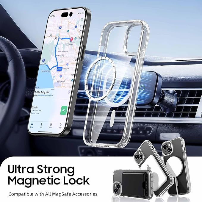 Magnetic for iPhone 14 Plus & iPhone 15 Plus Clear Case (Compatible with MagSafe) with Blue Detachable Wallet & Card Holder for 3 Cards [RFID Blocking] Military Grade Protective Slim Phone Cover