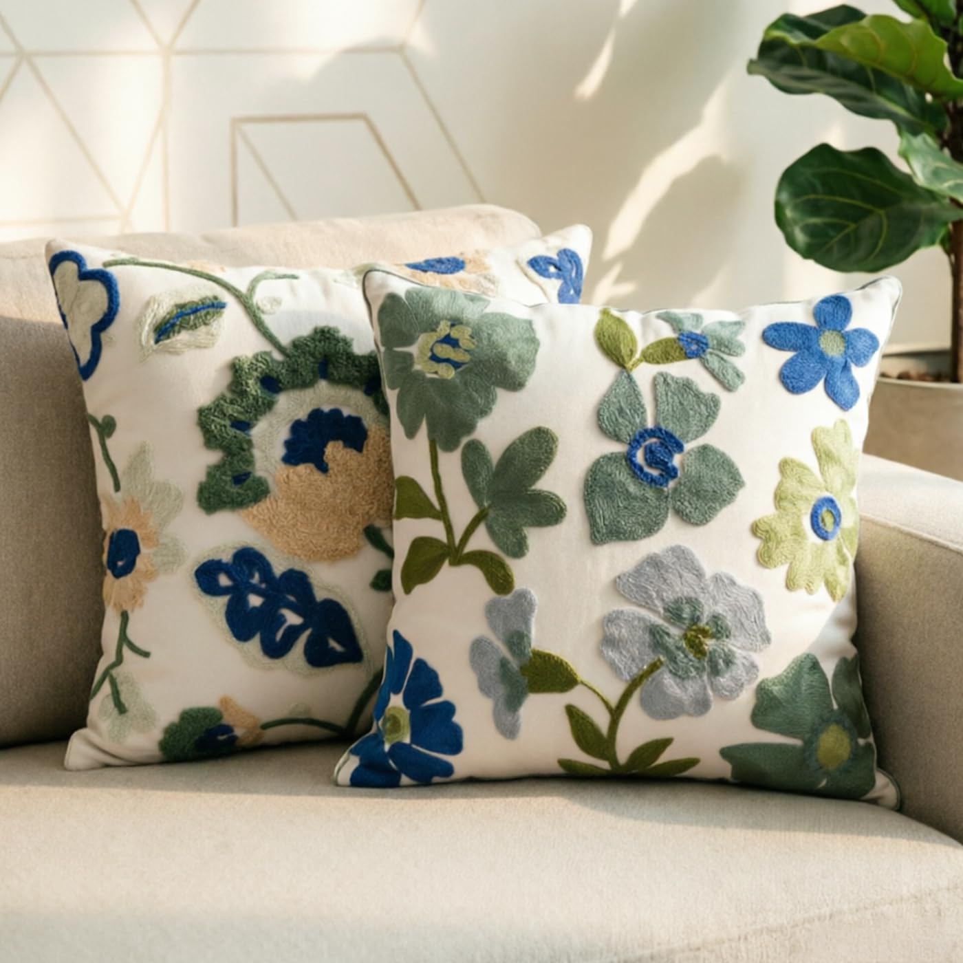 Loezexir Embroidered Throw Pillow Cover 18"x18" Set of 2,Western Boho Blue Spring Floral Decorative Pillowcase Farmhouse Aesthetic Cushion Cover Pillow Case for Outdoor Couch Sofa