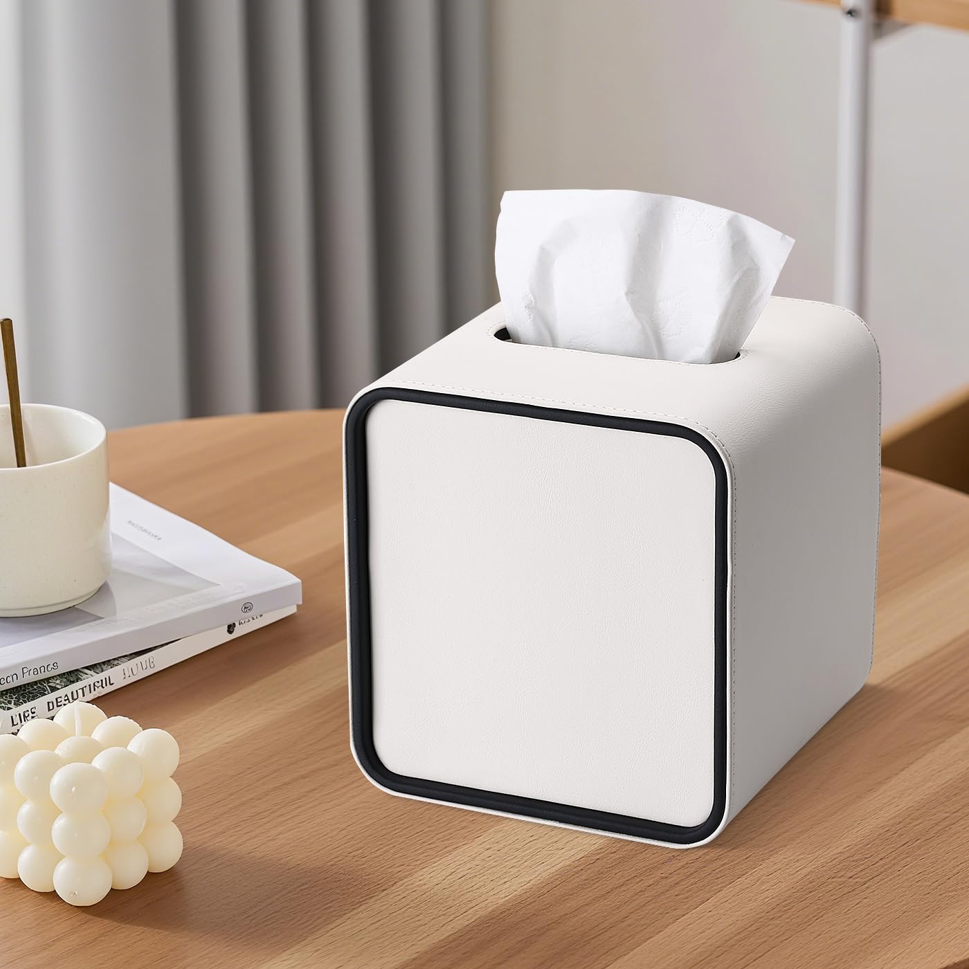 GORESE Tissue Box Cover Square Tissue Box Holder for Kleenexs, PU Leather Tissue Cover Cube Decorative Tissue Holder for Bathroom Bedroom Living Room Office, Cream White
