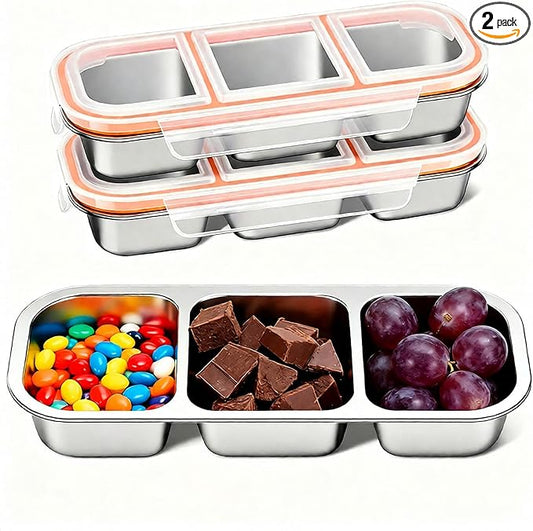 Dobyusf 2 Pack Stainless Steel Snack Containers - 3 Compartment Leak Proof Bento Box with 7oz Capacity, BPA-Free Reusable Food/Sauce Containers Containers for Office, Travel, On-the-Go Meals