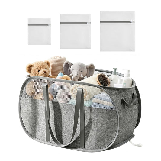 Collapsible Laundry Baskets - 95L Tear Proof Pop Up Laundry Hamper with Easy Carry Handles,Foldable Laundry Basket,Honeycomb Mesh-Breathable,Large Hampers for Laundry,Bedroom,Bathroom,Grey