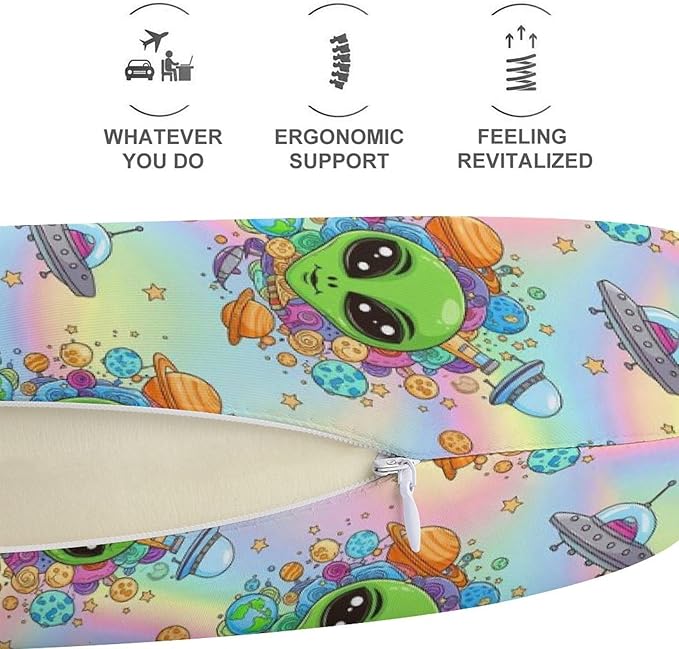 Funny Memory Foam Neck Pillow Travel U Shaped Cushion with Zip Cover, Chin Support for Airplane Car Office Home Nap, Cute Alien Space Planet