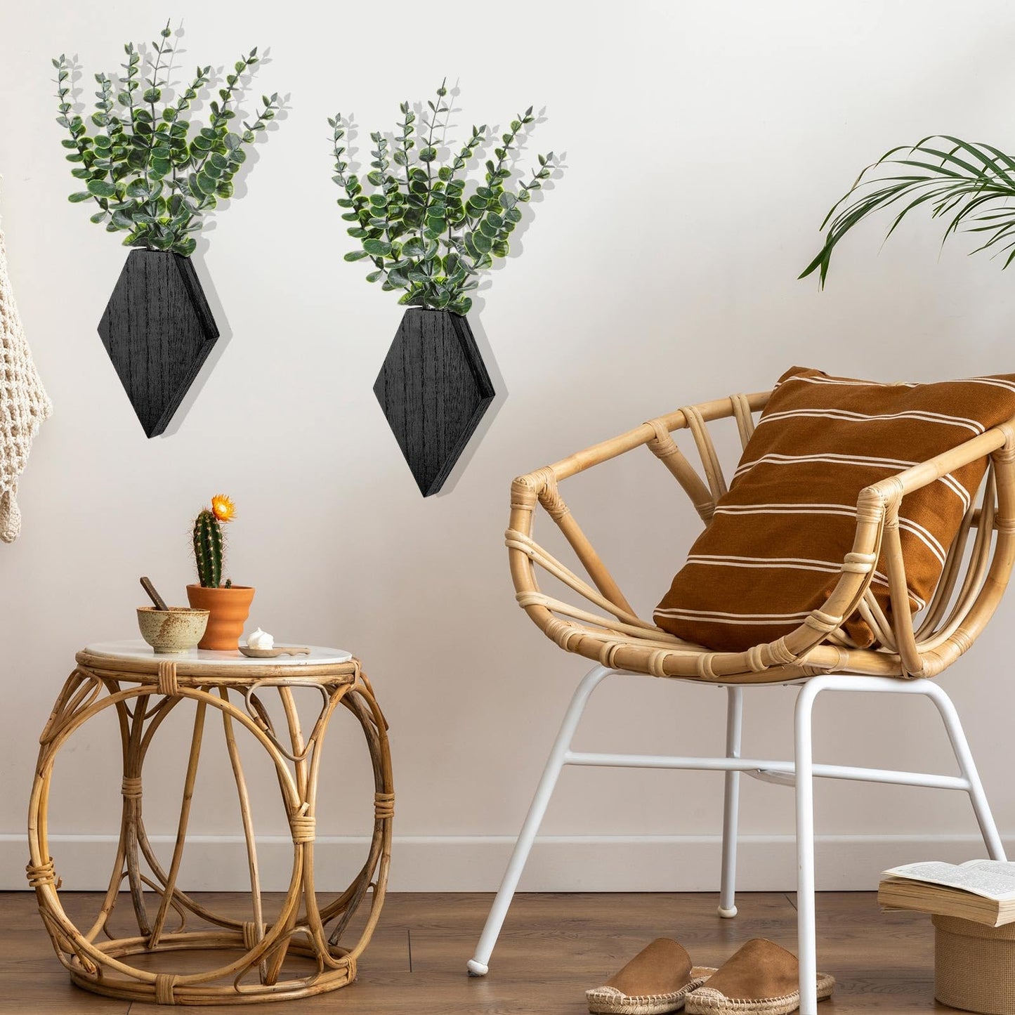 Chunful 2 Pcs Wooden Wall Planter Decor Hanging Fake Plants Greenery Flowers Holder Vase Boxes for Wall Bohemian Farmhouse Room Kitchen Office Indoor Decoration(Black,7.1 x 4.7 x 1.2 Inches)