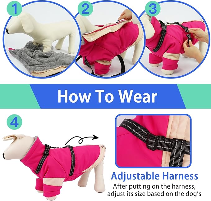 MIGOHI Ultra Thick Dog Jacket,Reflective Medium Dog Coat with Harness Built in,Warm Pet Winter Coat Zip Up Puffer Jacket with Furry Collar for Medium Dogs with Legs Outdoor Adventure,L,Rosered