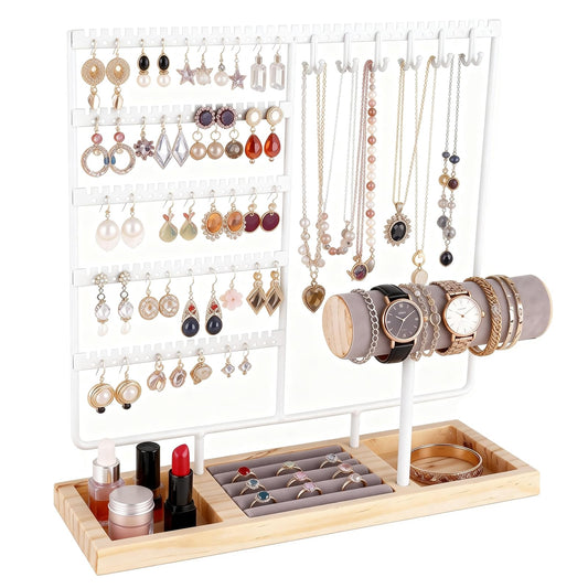 Ciormis Jewelry Stand Holder, 5 Tier Earring Holder Organizer with 72 Holes and 12 Hooks Jewelry Tower Necklace Tree Stand Hanger Bracelets Holder Storage with Ring Tray for Women Girls Gift (White)