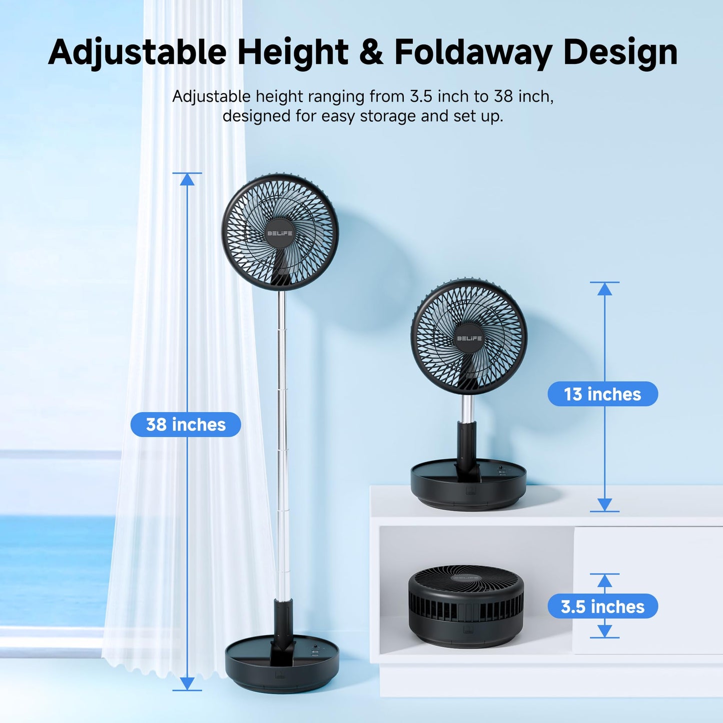 Belife X8 Portable Fan, 7200mAh Battery Powered Rechargeable, Oscillating USB Desk Floor Fan with Remote, Foldable Telescopic Fan for Home Bedroom Sleeping Office Camping Travel, 7.7" (Black)