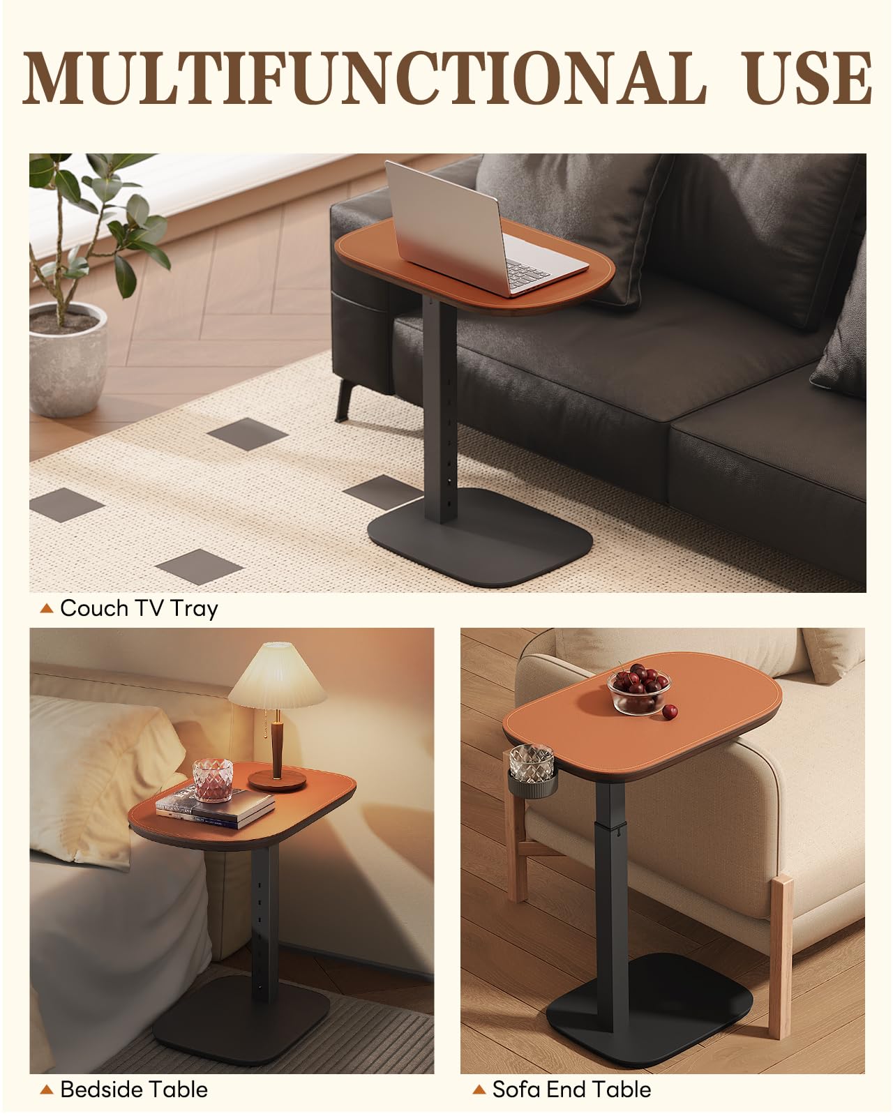 SAIJI Swivel Top TV Tray, Adjustable Height & Large Size & Heavy Duty Side Table for Couch, Sofa, Bed, Recliner, Living Room, C Shaped End Table for Eating, Dinner or Laptop, Small Spaces